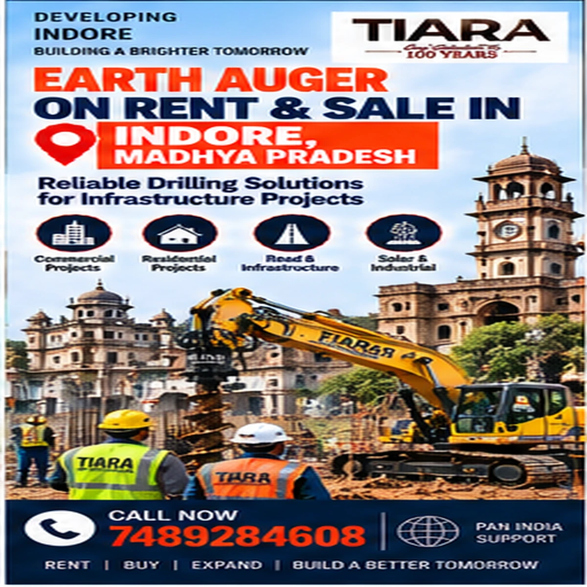 Excavator-mounted earth auger for rent and sale in Indore, Madhya Pradesh by Tiara Infrastructure Ltd