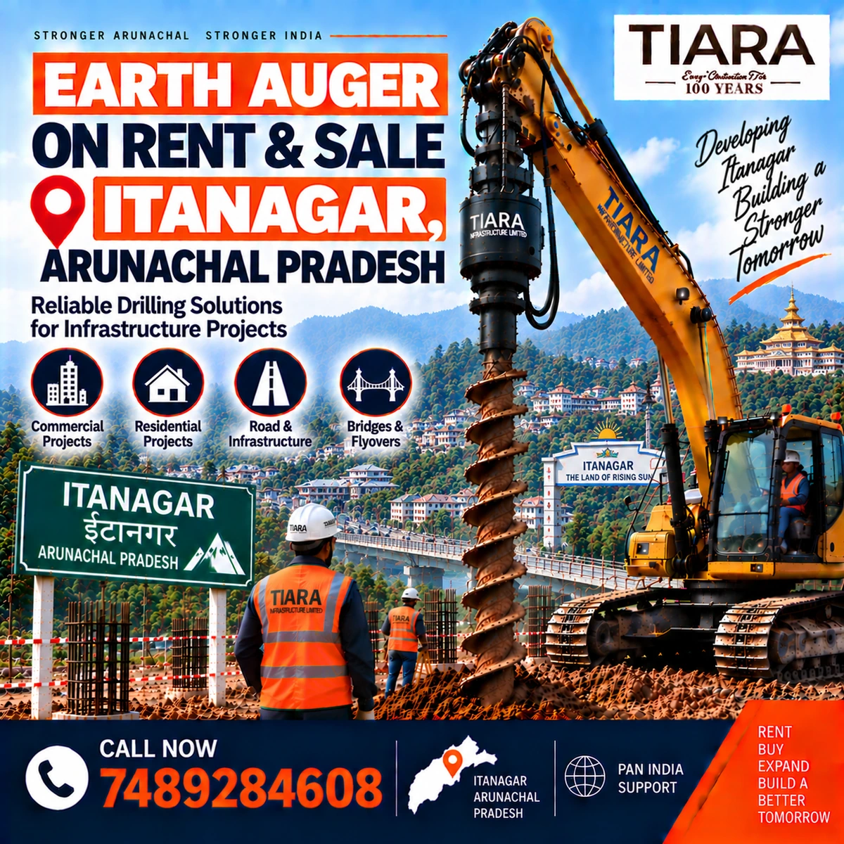 Excavator-mounted earth auger for rent and sale in Itanagar, Arunachal Pradesh by Tiara Infrastructure Ltd