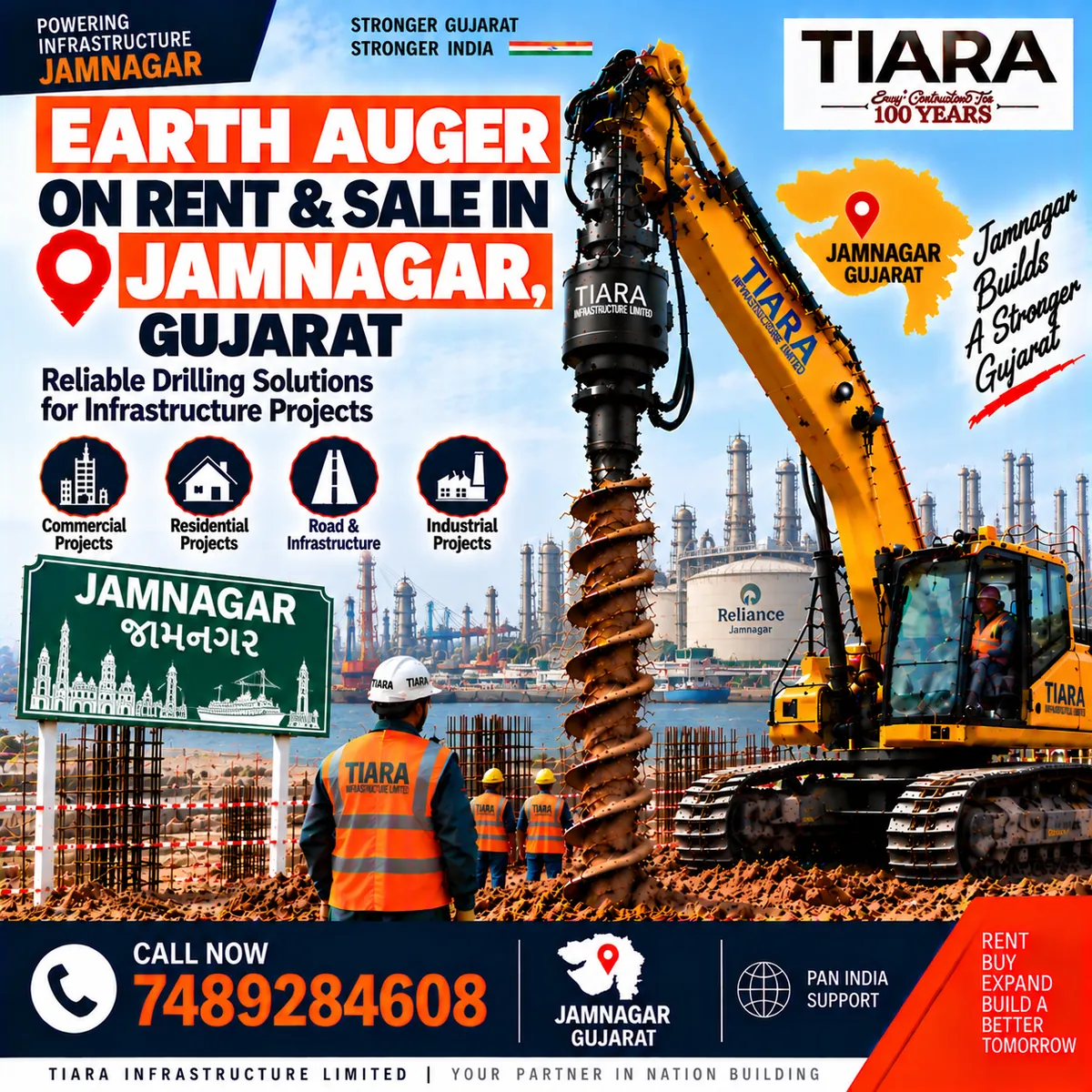 Excavator-mounted earth auger for rent and sale in Jamnagar, Gujarat by Tiara Infrastructure Ltd