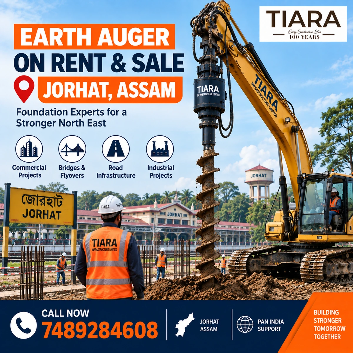 Excavator-mounted earth auger for rent and sale in Jorhat, Assam by Tiara Infrastructure Ltd