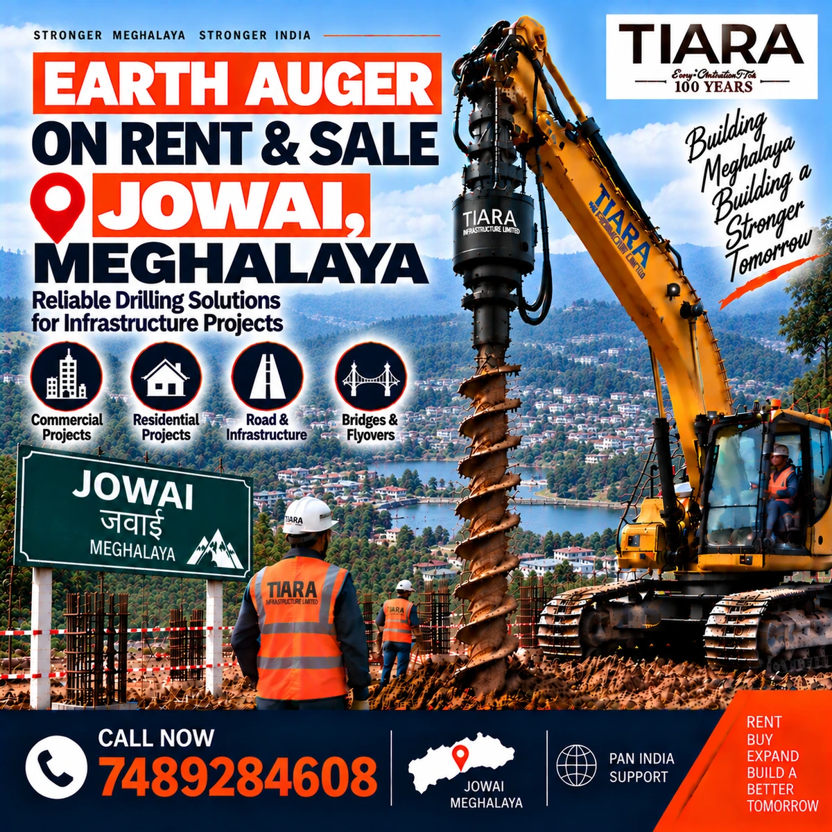 Excavator-mounted earth auger for rent and sale in Jowai, Meghalaya by Tiara Infrastructure Ltd