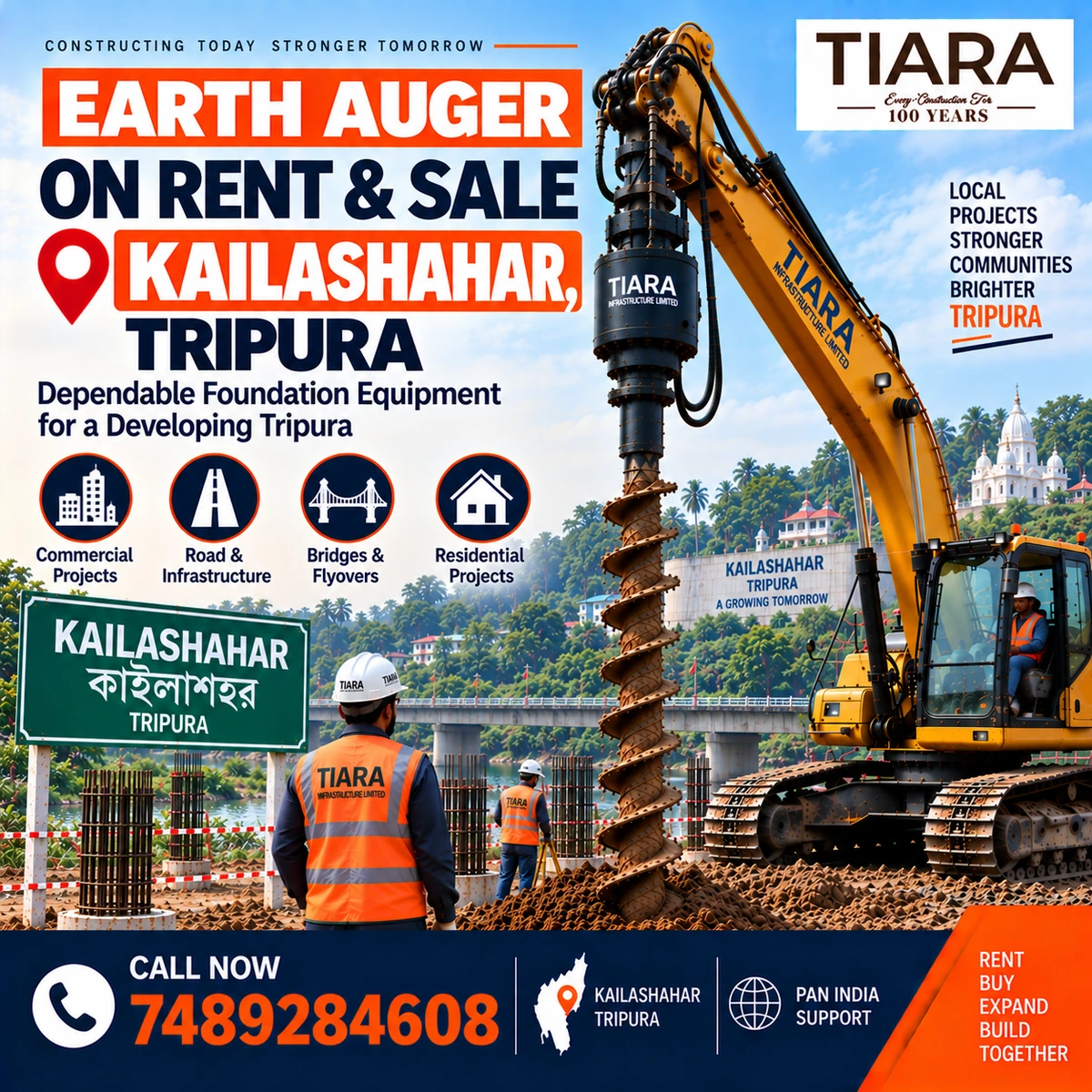 Excavator-mounted earth auger for rent and sale in Kailashahar, Tripura by Tiara Infrastructure Ltd