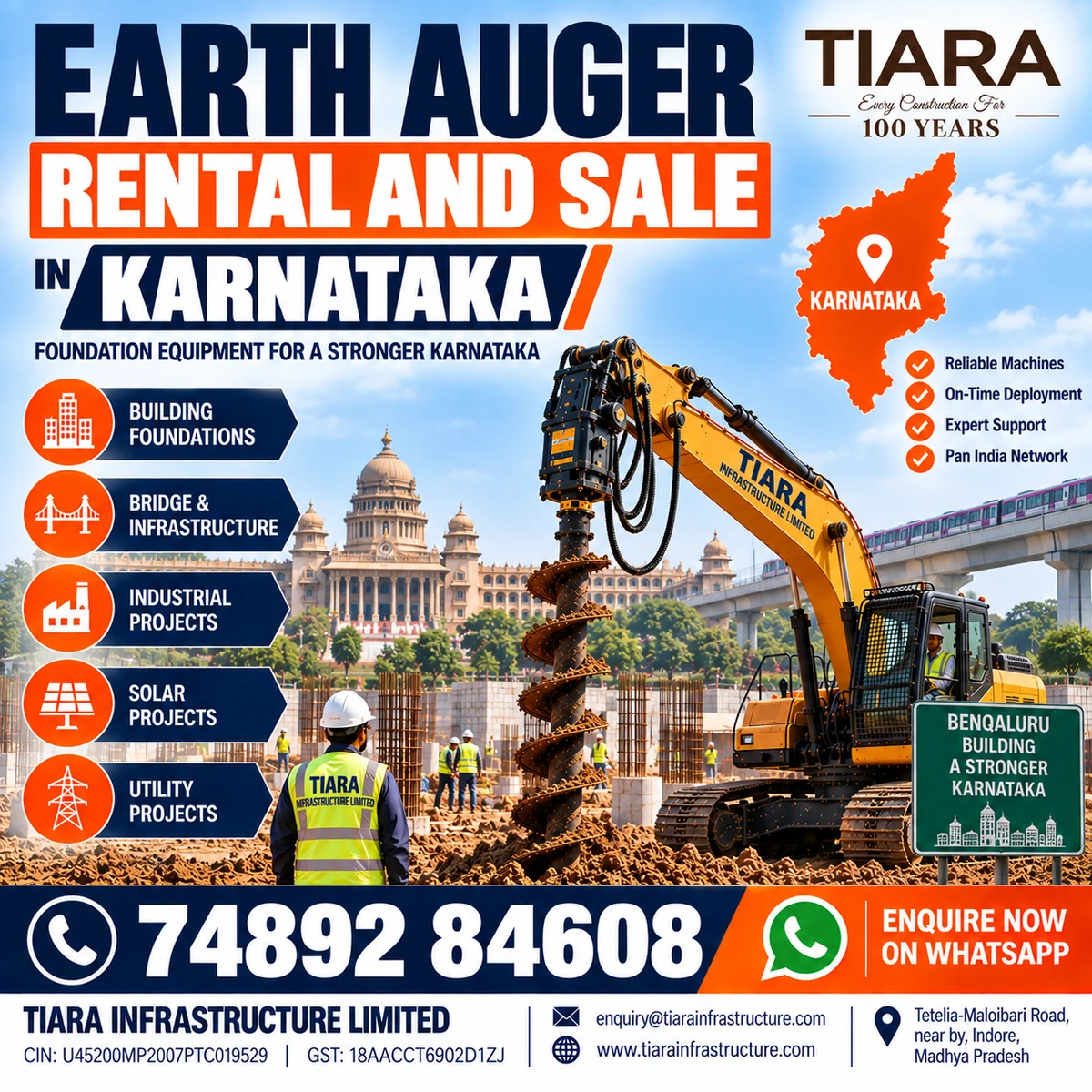 Excavator-mounted earth auger for rent and sale in Karnataka by Tiara Infrastructure Ltd