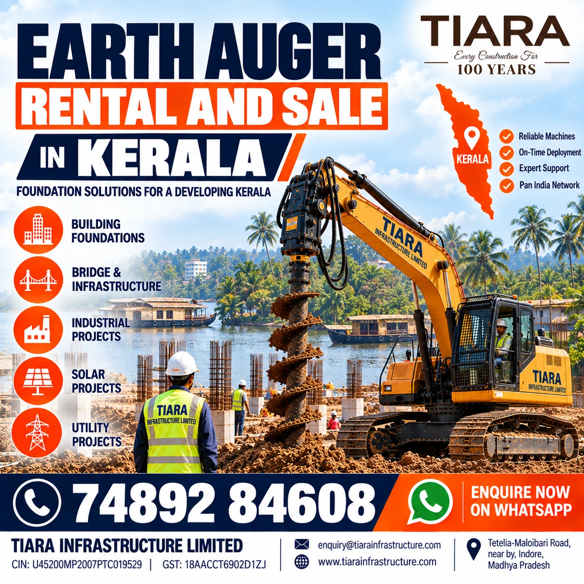 Excavator-mounted earth auger for rent and sale in Kerala by Tiara Infrastructure Ltd