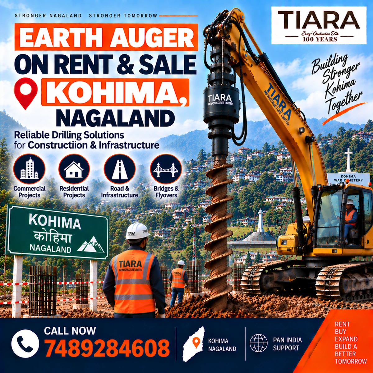 Excavator-mounted earth auger for rent and sale in Kohima, Nagaland by Tiara Infrastructure Ltd