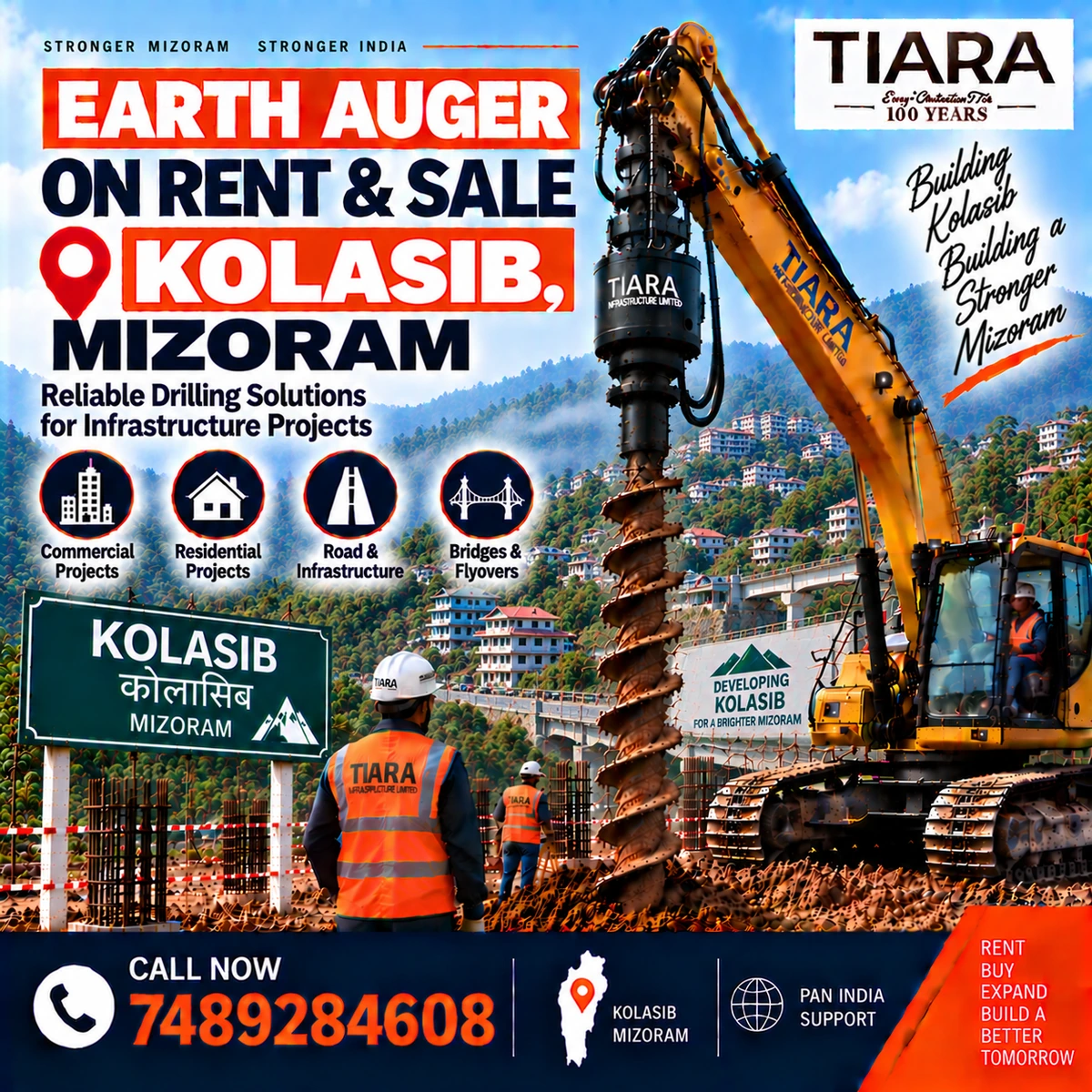 Excavator-mounted earth auger for rent and sale in Kolasib, Mizoram by Tiara Infrastructure Ltd