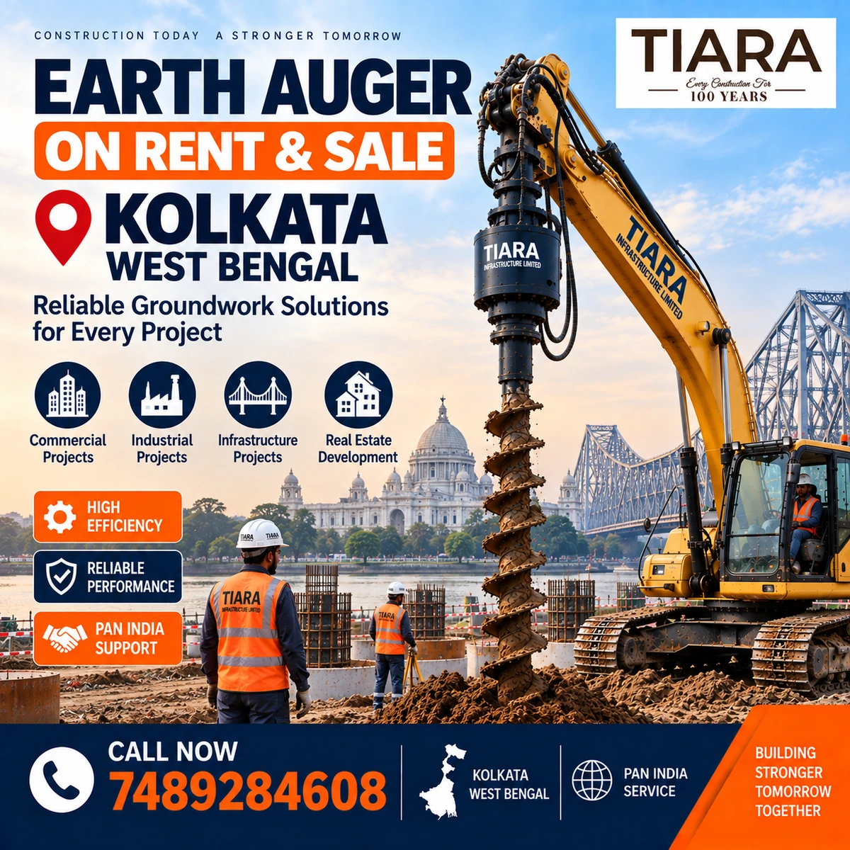 Excavator-mounted earth auger for rent and sale in Kolkata, West Bengal by Tiara Infrastructure Ltd