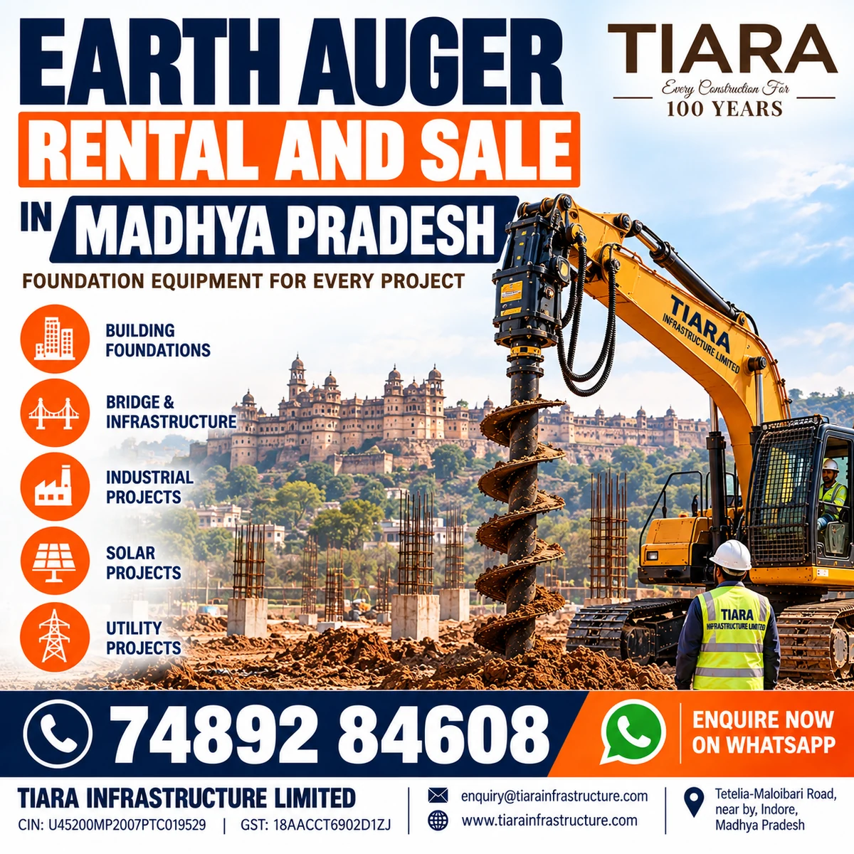 Excavator-mounted earth auger for rent and sale in Madhya Pradesh by Tiara Infrastructure Ltd