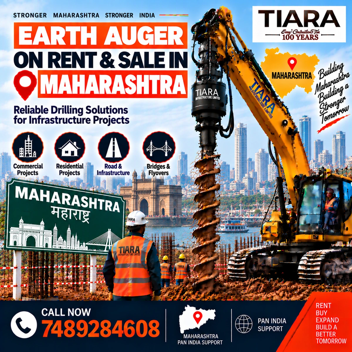 Excavator-mounted earth auger for rent and sale in Maharashtra by Tiara Infrastructure Ltd