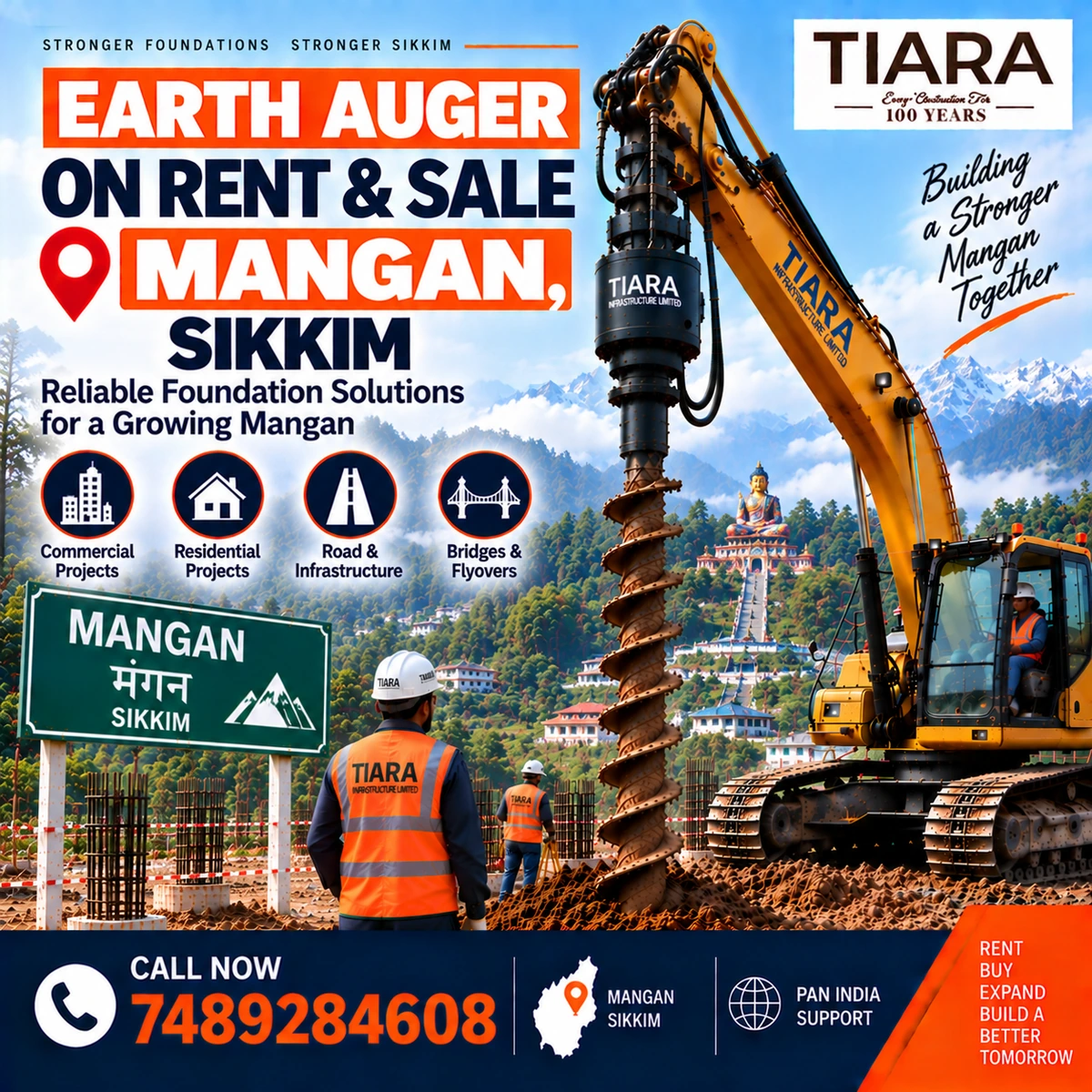 Excavator-mounted earth auger for rent and sale in Mangan, Sikkim by Tiara Infrastructure Ltd
