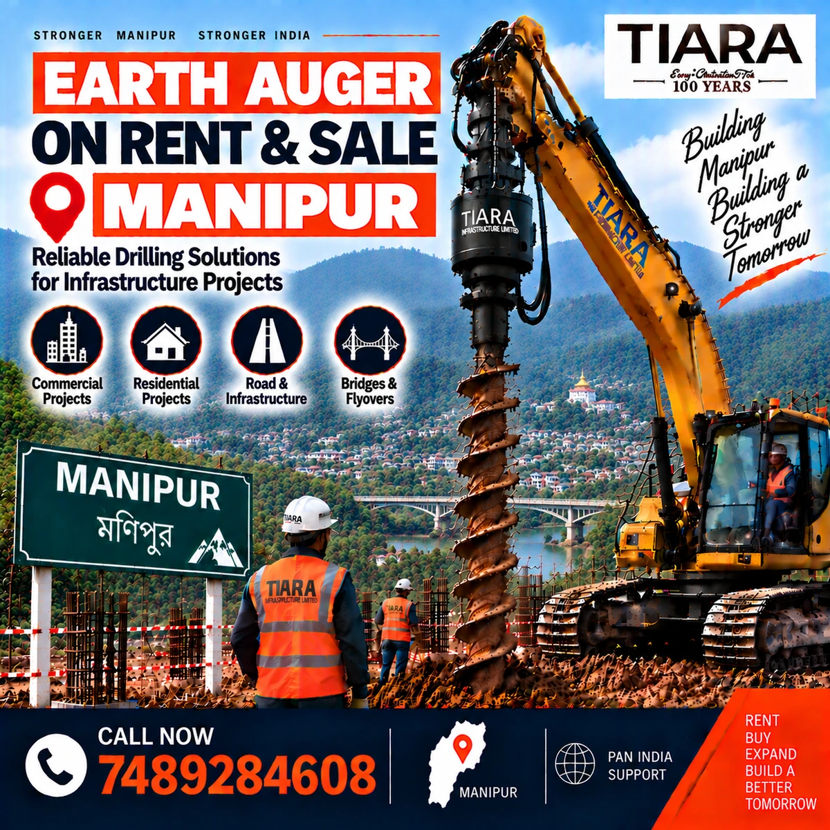 Excavator-mounted earth auger for rent and sale in Manipur by Tiara Infrastructure Ltd