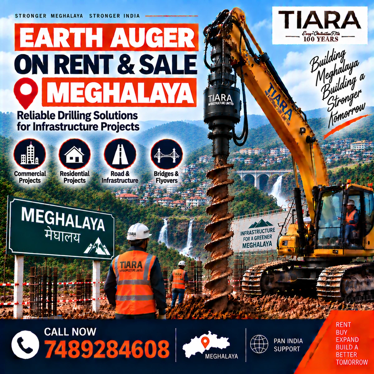Excavator-mounted earth auger for rent and sale in Meghalaya by Tiara Infrastructure Ltd