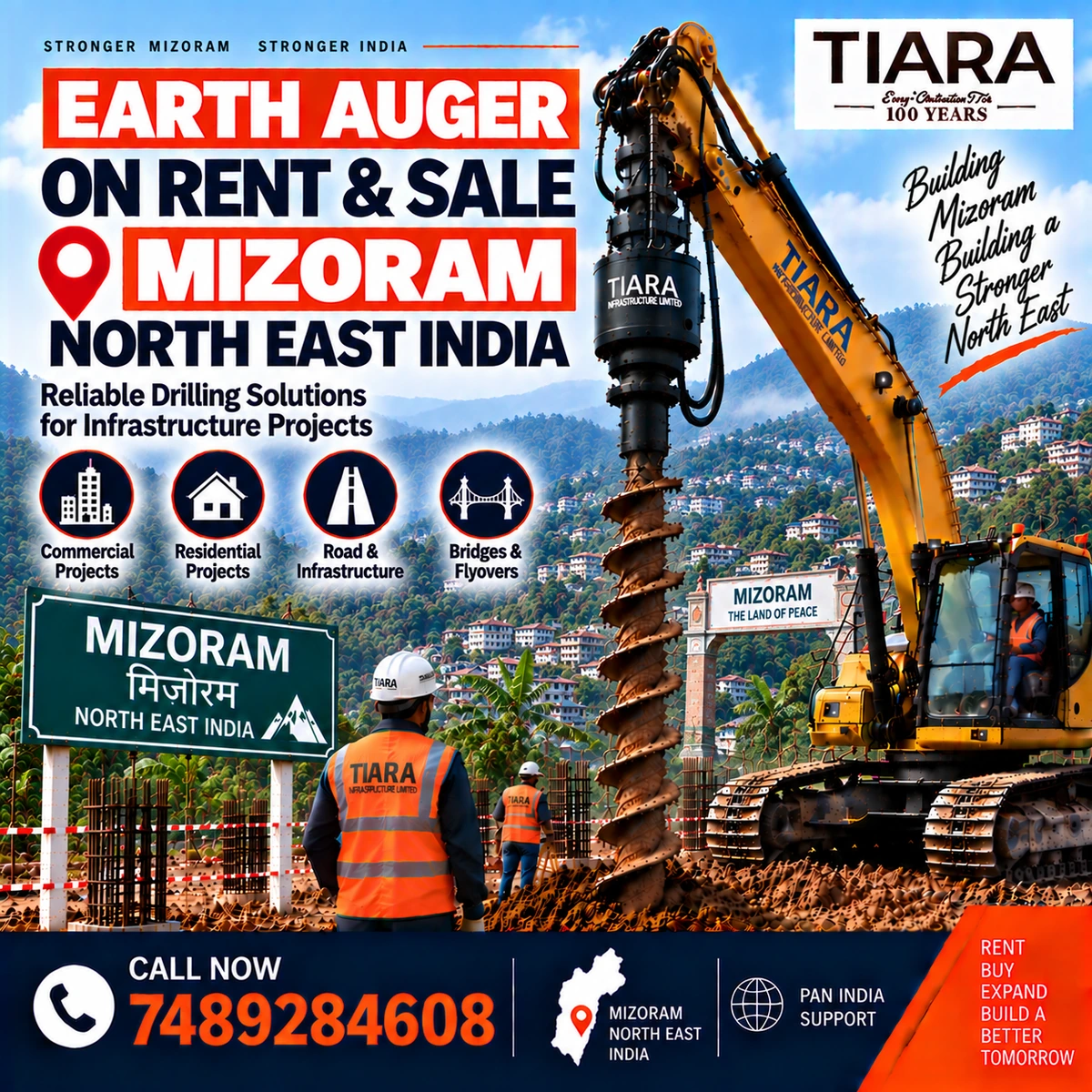 Excavator-mounted earth auger for rent and sale in Mizoram by Tiara Infrastructure Ltd