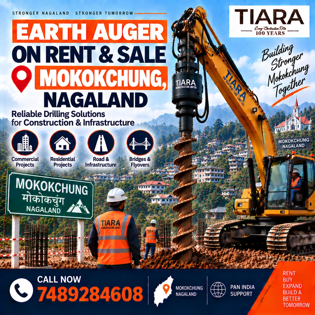 Excavator-mounted earth auger for rent and sale in Mokokchung, Nagaland by Tiara Infrastructure Ltd