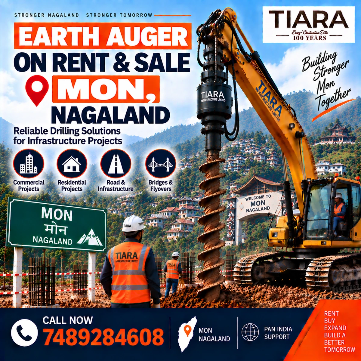 Excavator-mounted earth auger for rent and sale in Mon, Nagaland by Tiara Infrastructure Ltd