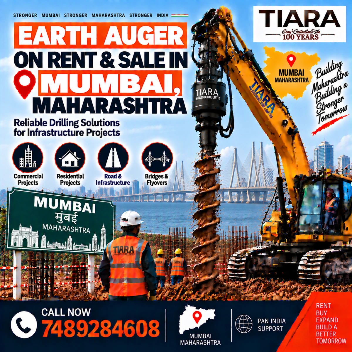 Excavator-mounted earth auger for rent and sale in Mumbai, Maharashtra by Tiara Infrastructure Ltd