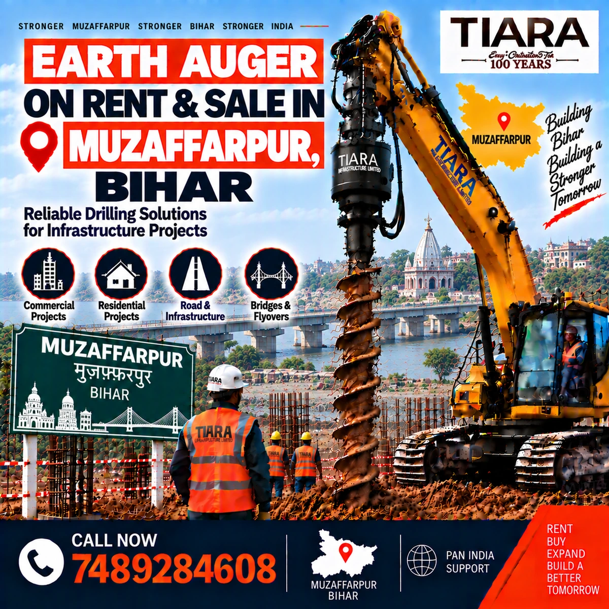 Excavator-mounted earth auger for rent and sale in Muzaffarpur, Bihar by Tiara Infrastructure Ltd