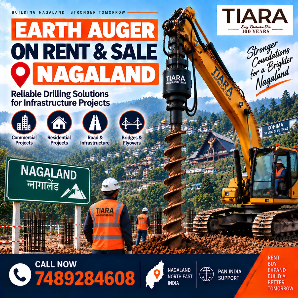 Excavator-mounted earth auger for rent and sale in Nagaland by Tiara Infrastructure Ltd