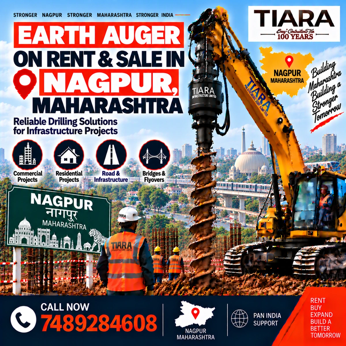 Excavator-mounted earth auger for rent and sale in Nagpur, Maharashtra by Tiara Infrastructure Ltd