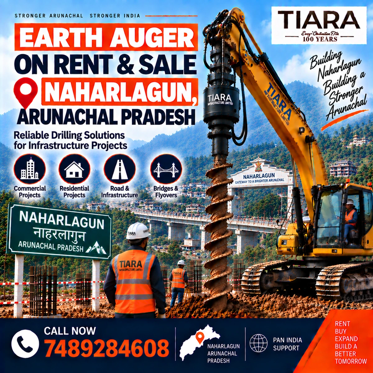 Excavator-mounted earth auger for rent and sale in Naharlagun, Arunachal Pradesh by Tiara Infrastructure Ltd
