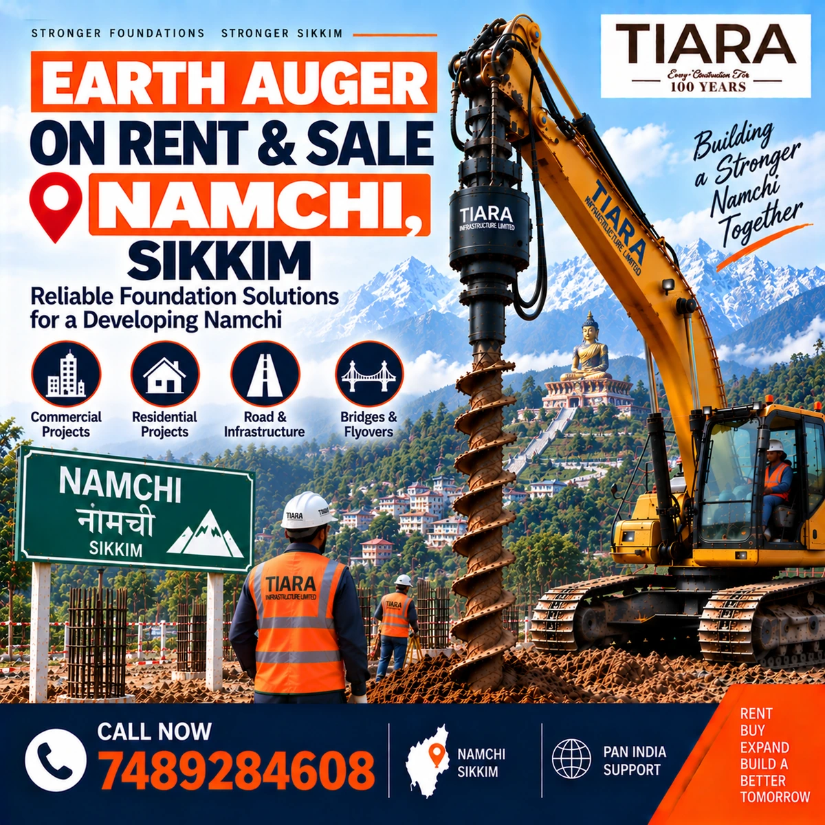 Excavator-mounted earth auger for rent and sale in Namchi, Sikkim by Tiara Infrastructure Ltd