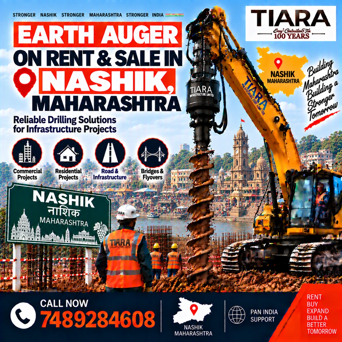 Excavator-mounted earth auger for rent and sale in Nashik, Maharashtra by Tiara Infrastructure Ltd