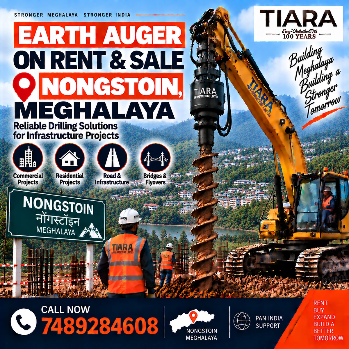 Excavator-mounted earth auger for rent and sale in Nongstoin, Meghalaya by Tiara Infrastructure Ltd