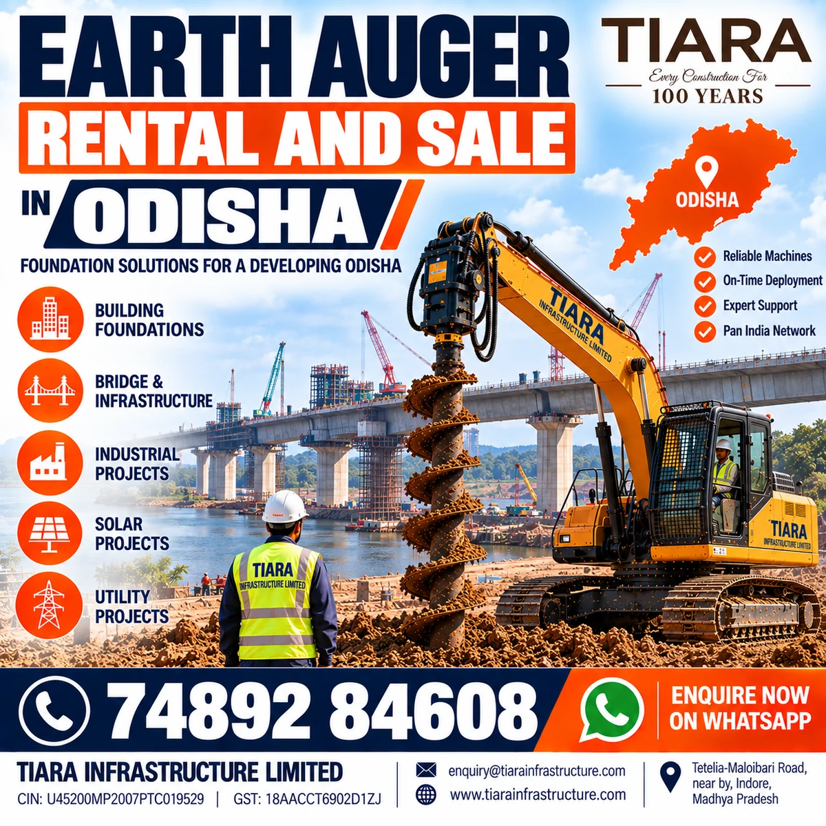 Excavator-mounted earth auger for rent and sale in Odisha by Tiara Infrastructure Ltd