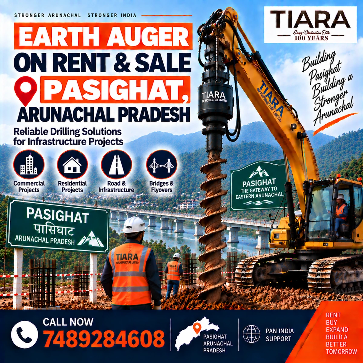 Excavator-mounted earth auger for rent and sale in Pasighat, Arunachal Pradesh by Tiara Infrastructure Ltd