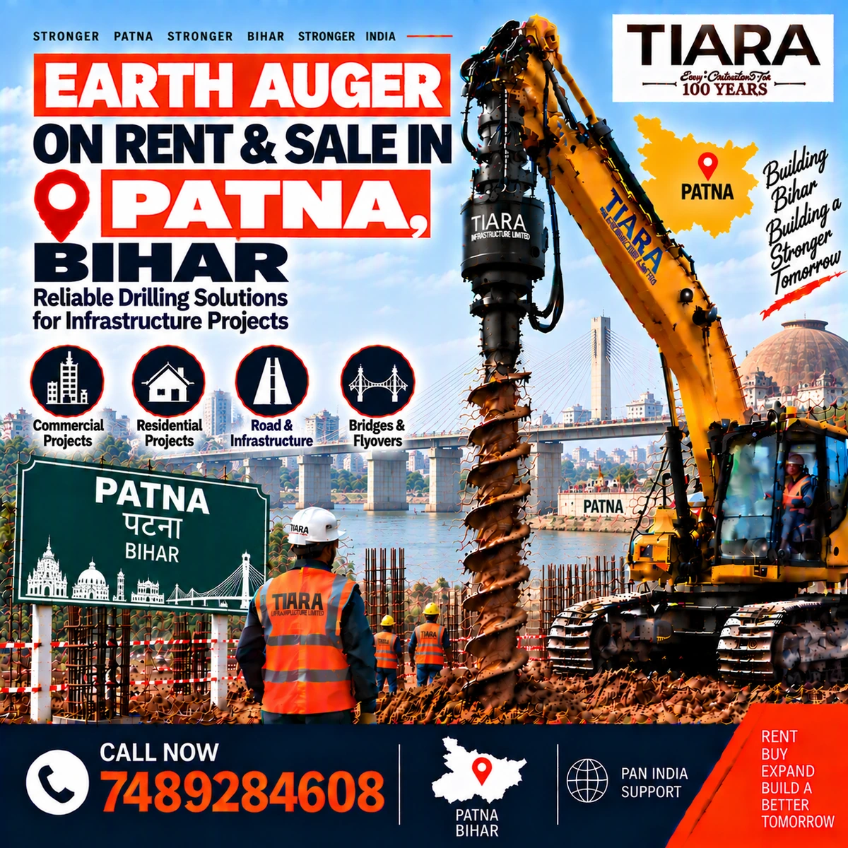 Excavator-mounted earth auger for rent and sale in Patna, Bihar by Tiara Infrastructure Ltd