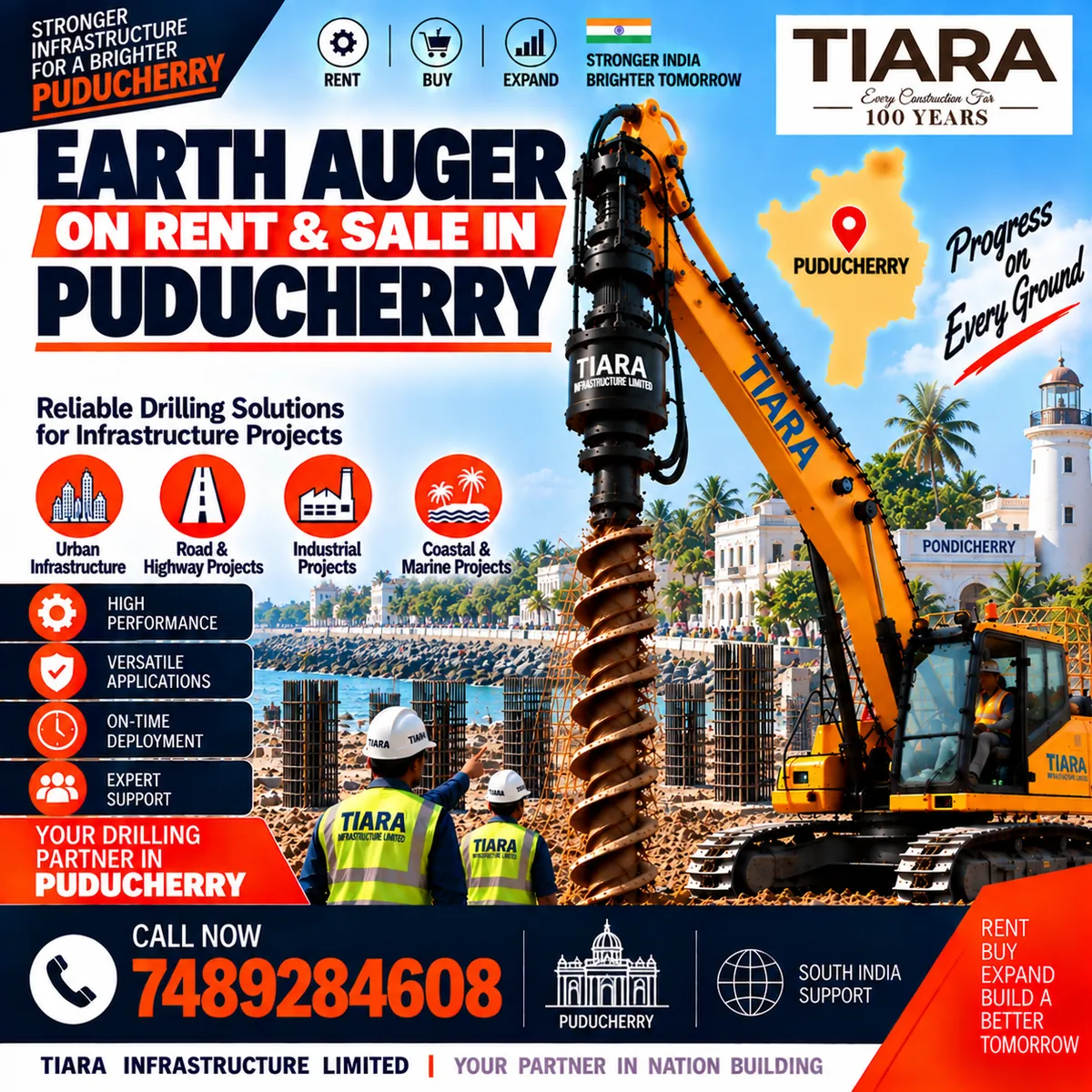 Excavator-mounted earth auger for rent and sale in Puducherry by Tiara Infrastructure Ltd