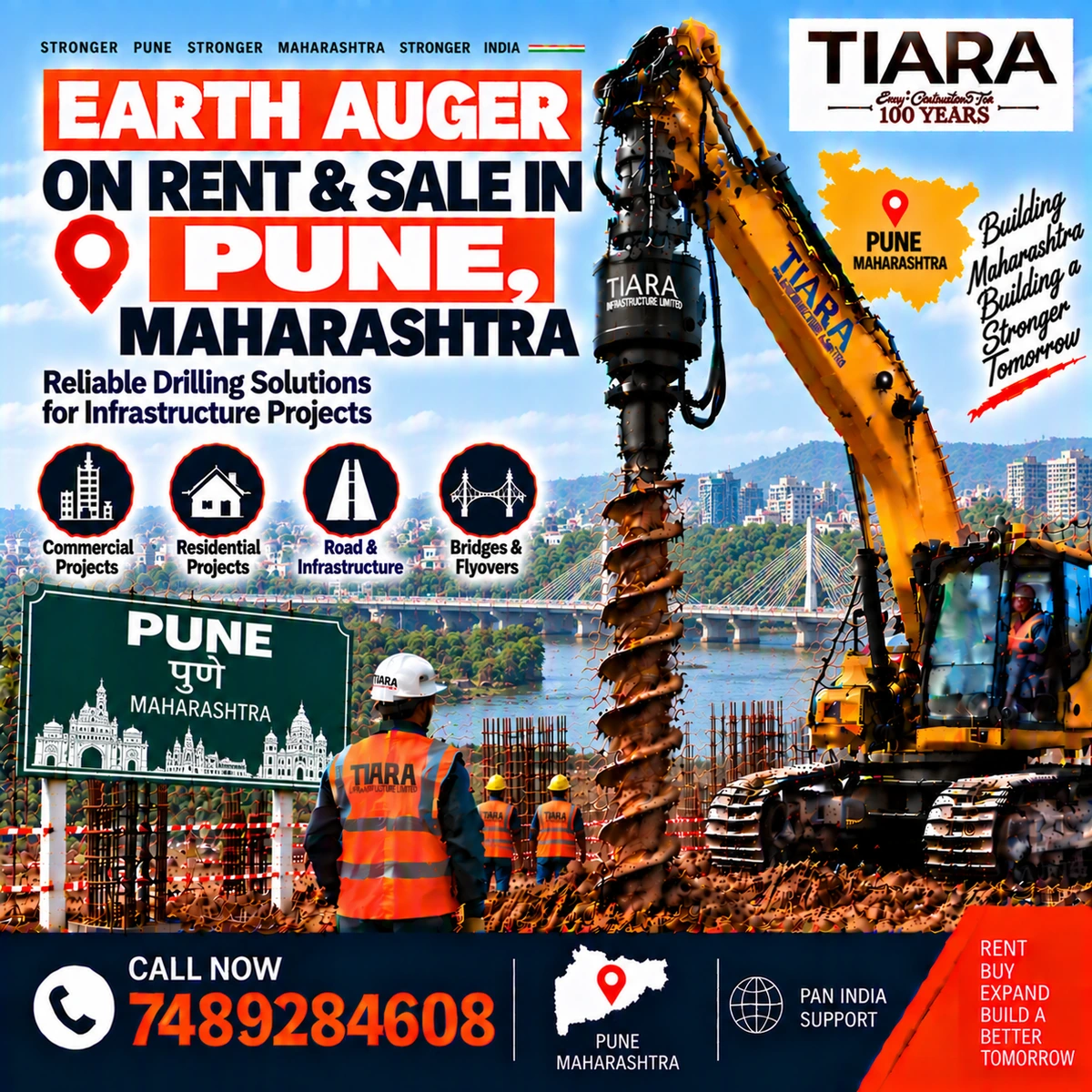 Excavator-mounted earth auger for rent and sale in Pune, Maharashtra by Tiara Infrastructure Ltd