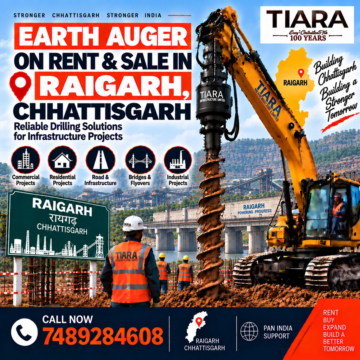 Excavator-mounted earth auger for rent and sale in Raigarh, Chhattisgarh by Tiara Infrastructure Ltd