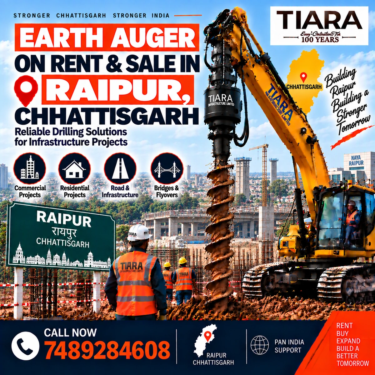 Excavator-mounted earth auger for rent and sale in Raipur, Chhattisgarh by Tiara Infrastructure Ltd
