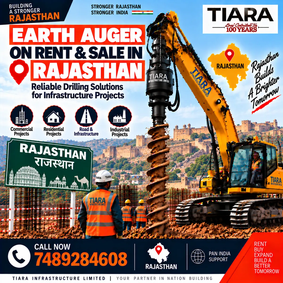 Excavator-mounted earth auger for rent and sale in Rajasthan by Tiara Infrastructure Ltd