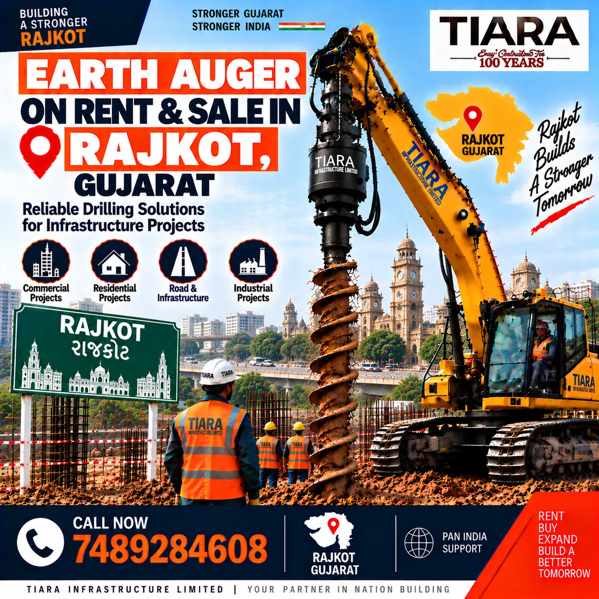 Excavator-mounted earth auger for rent and sale in Rajkot, Gujarat by Tiara Infrastructure Ltd