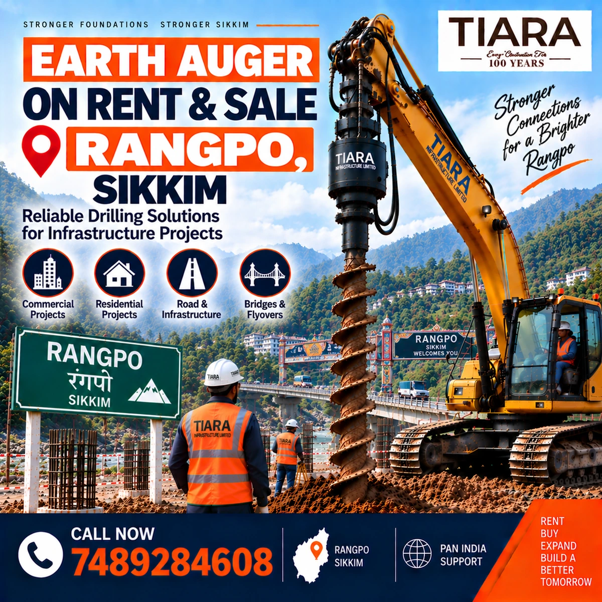 Excavator-mounted earth auger for rent and sale in Rangpo, Sikkim by Tiara Infrastructure Ltd