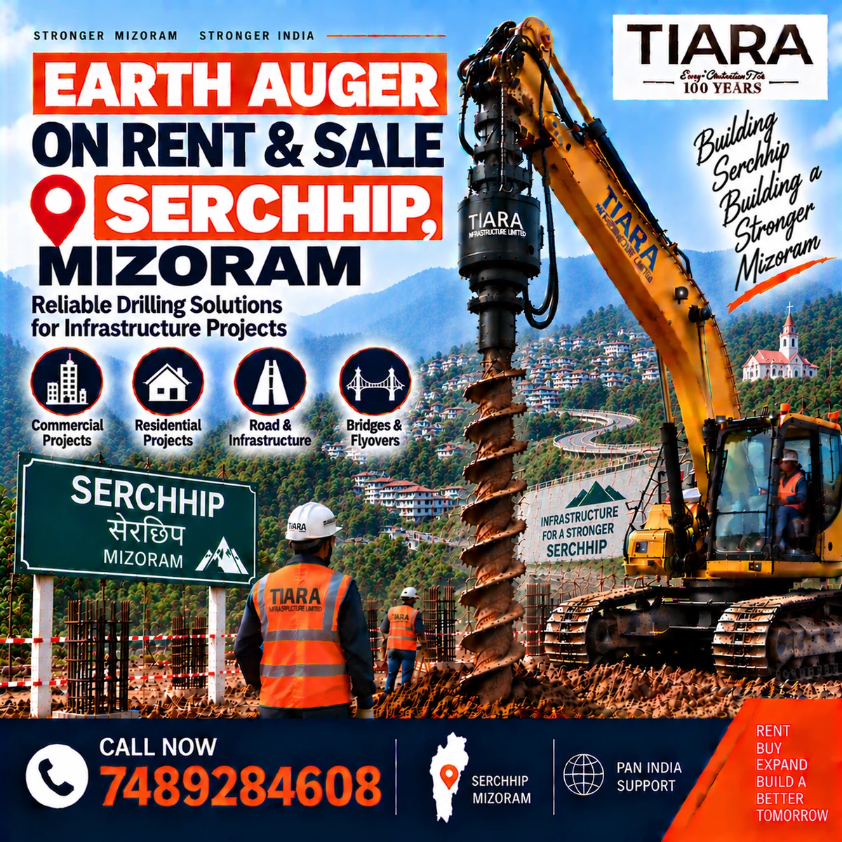 Excavator-mounted earth auger for rent and sale in Serchhip, Mizoram by Tiara Infrastructure Ltd
