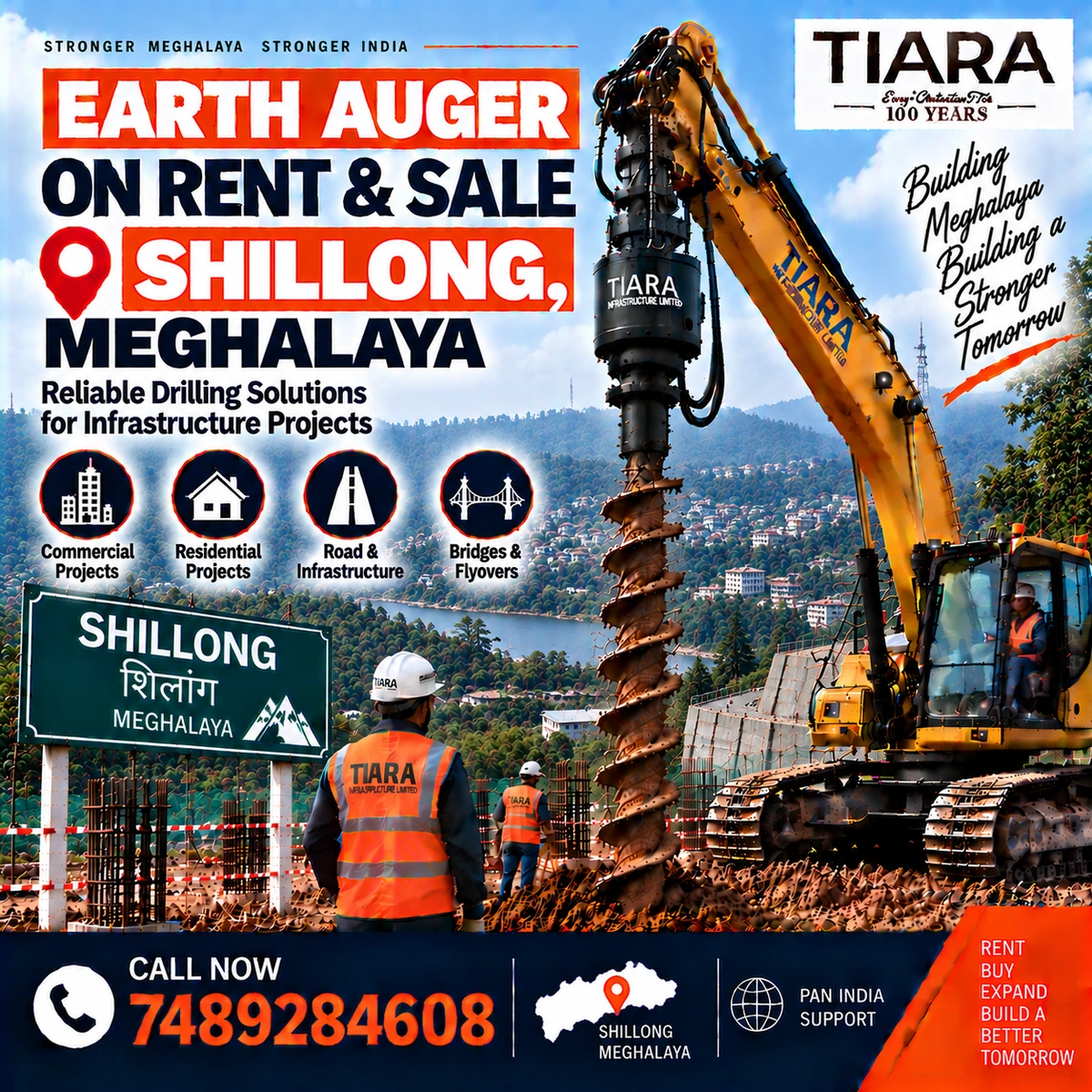 Excavator-mounted earth auger for rent and sale in Shillong, Meghalaya by Tiara Infrastructure Ltd