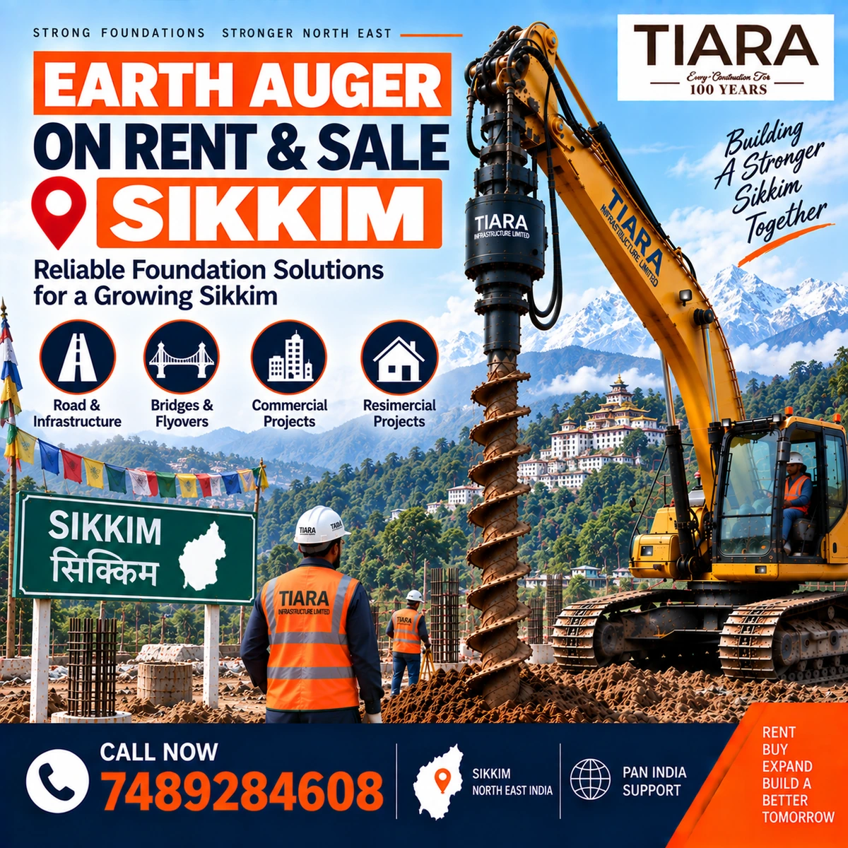 Excavator-mounted earth auger for rent and sale in Sikkim by Tiara Infrastructure Ltd