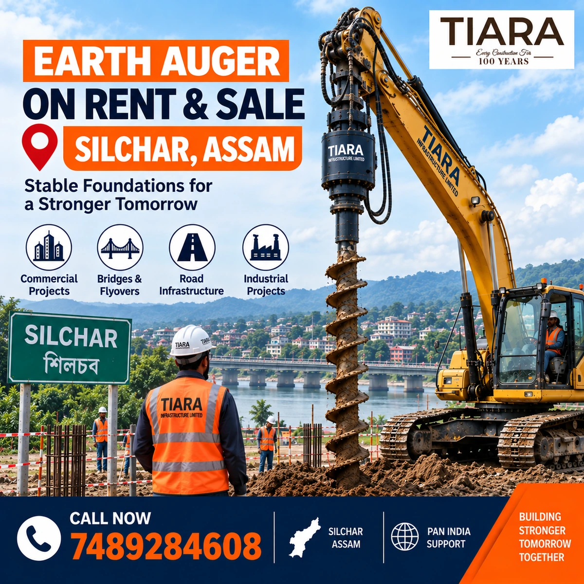 Excavator-mounted earth auger for rent and sale in Silchar, Assam by Tiara Infrastructure Ltd