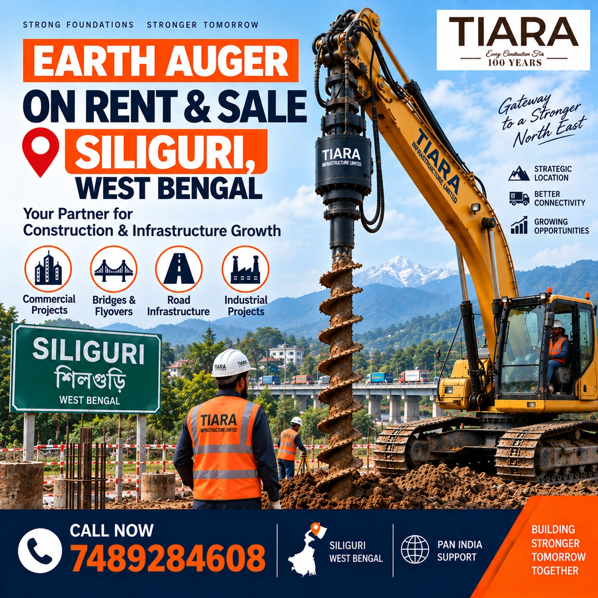 Excavator-mounted earth auger for rent and sale in Siliguri, West Bengal by Tiara Infrastructure Ltd