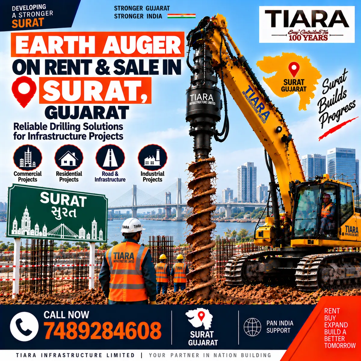 Excavator-mounted earth auger for rent and sale in Surat, Gujarat by Tiara Infrastructure Ltd