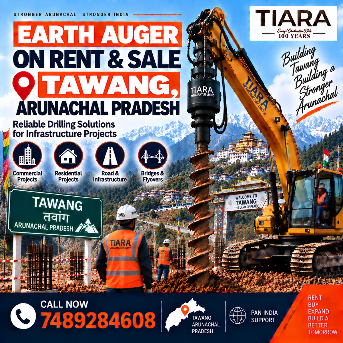 Excavator-mounted earth auger for rent and sale in Tawang, Arunachal Pradesh by Tiara Infrastructure Ltd