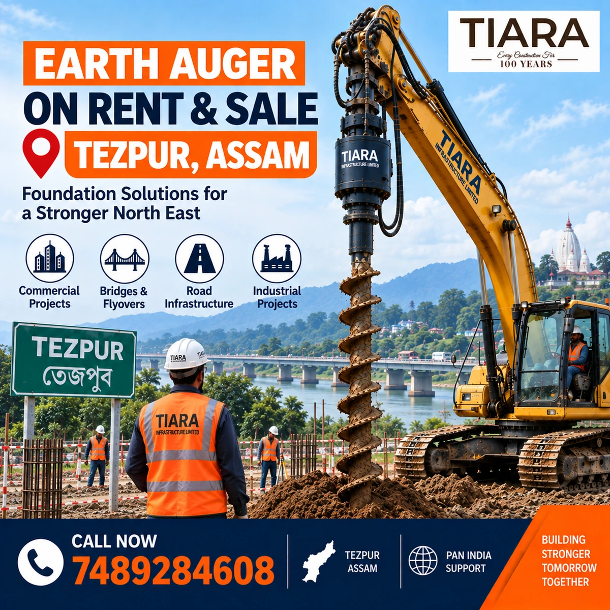 Excavator-mounted earth auger for rent and sale in Tezpur, Assam by Tiara Infrastructure Ltd