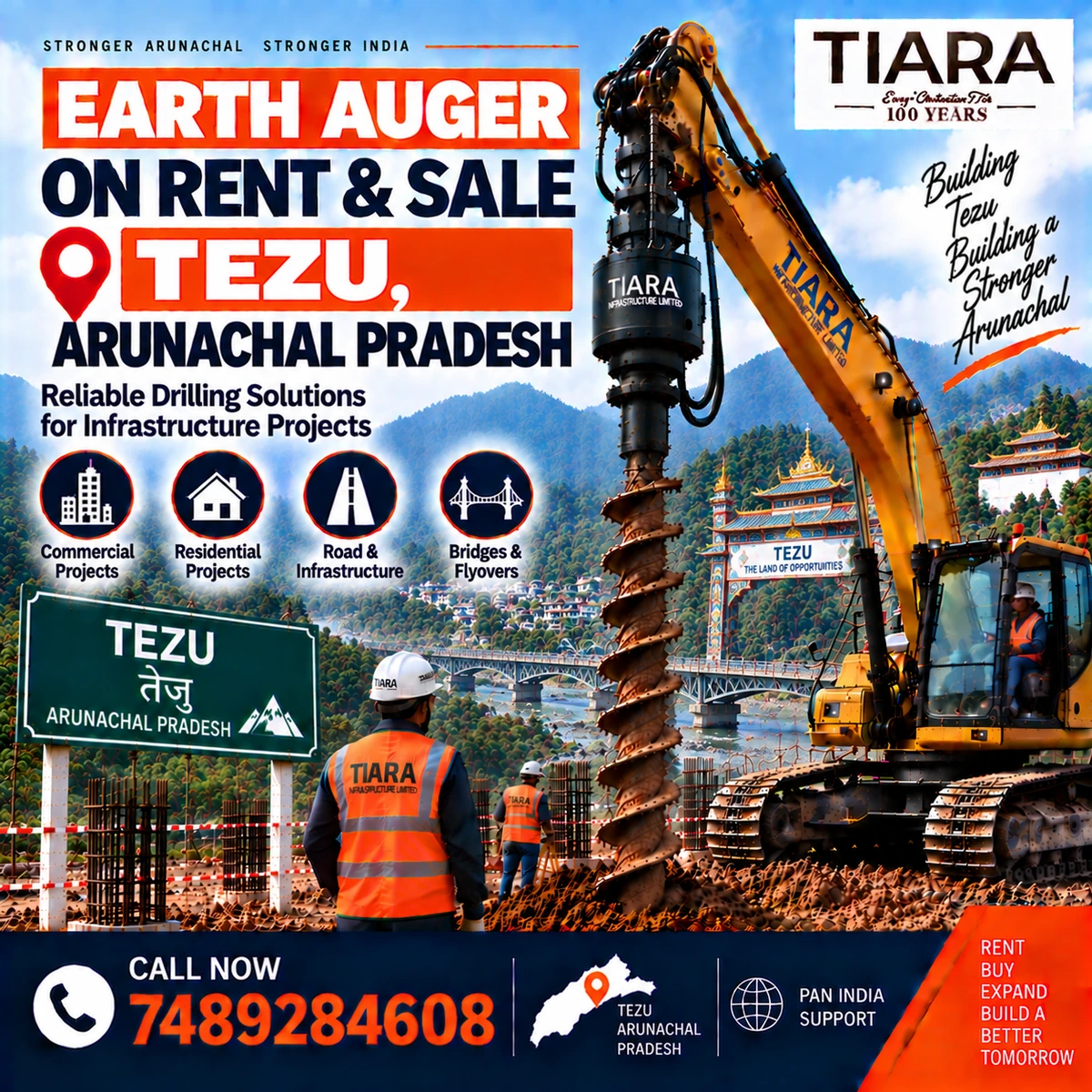 Excavator-mounted earth auger for rent and sale in Tezu, Arunachal Pradesh by Tiara Infrastructure Ltd