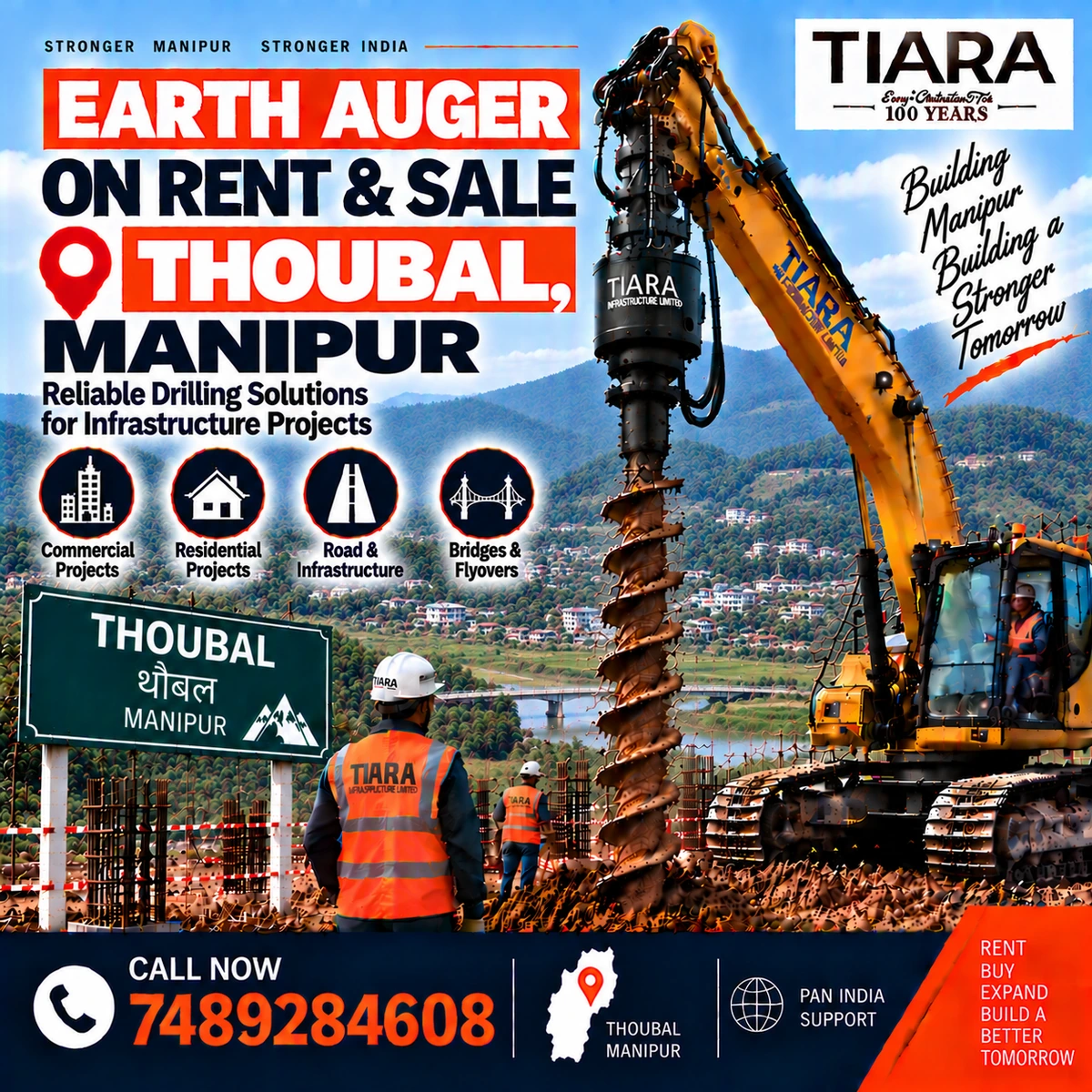 Excavator-mounted earth auger for rent and sale in Thoubal, Manipur by Tiara Infrastructure Ltd