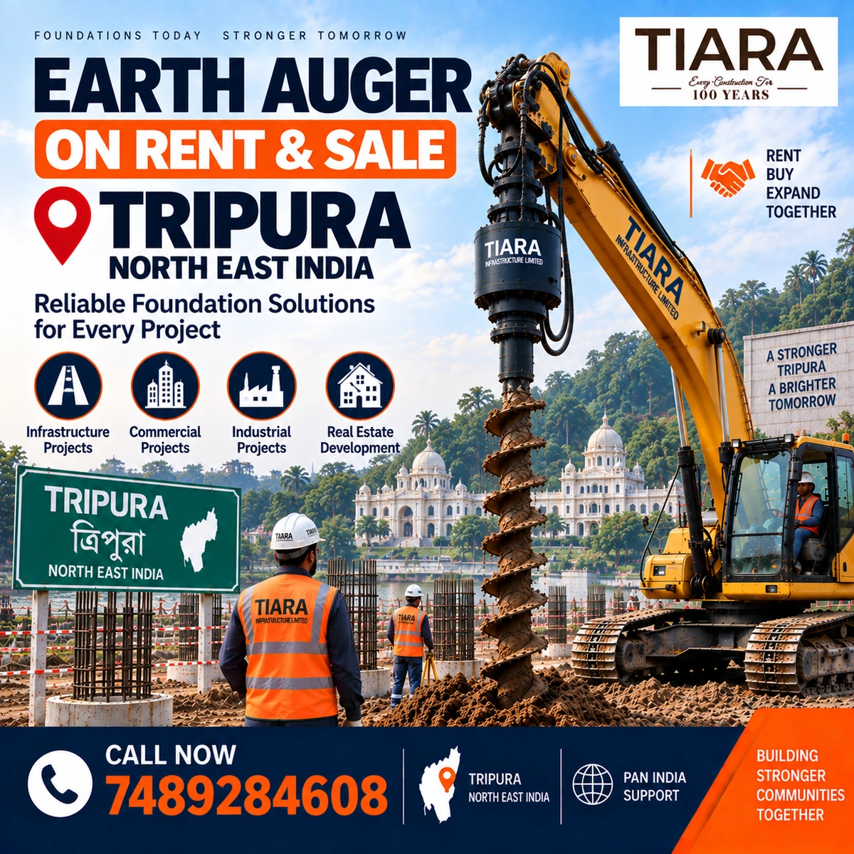 Excavator-mounted earth auger for rent and sale in Tripura by Tiara Infrastructure Ltd