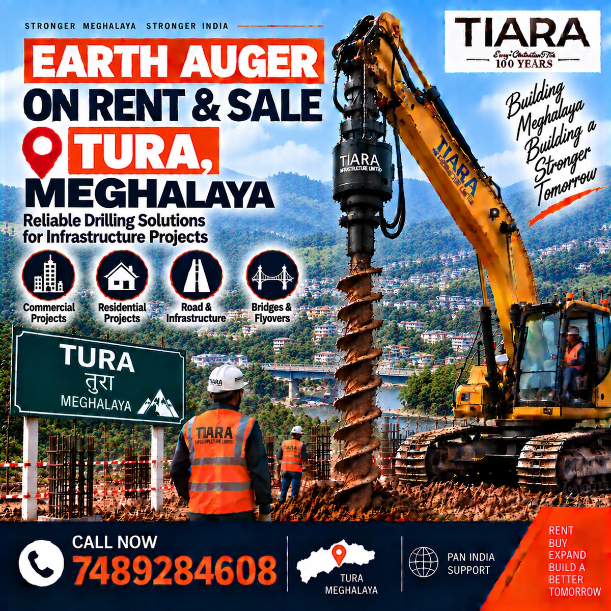 Excavator-mounted earth auger for rent and sale in Tura, Meghalaya by Tiara Infrastructure Ltd
