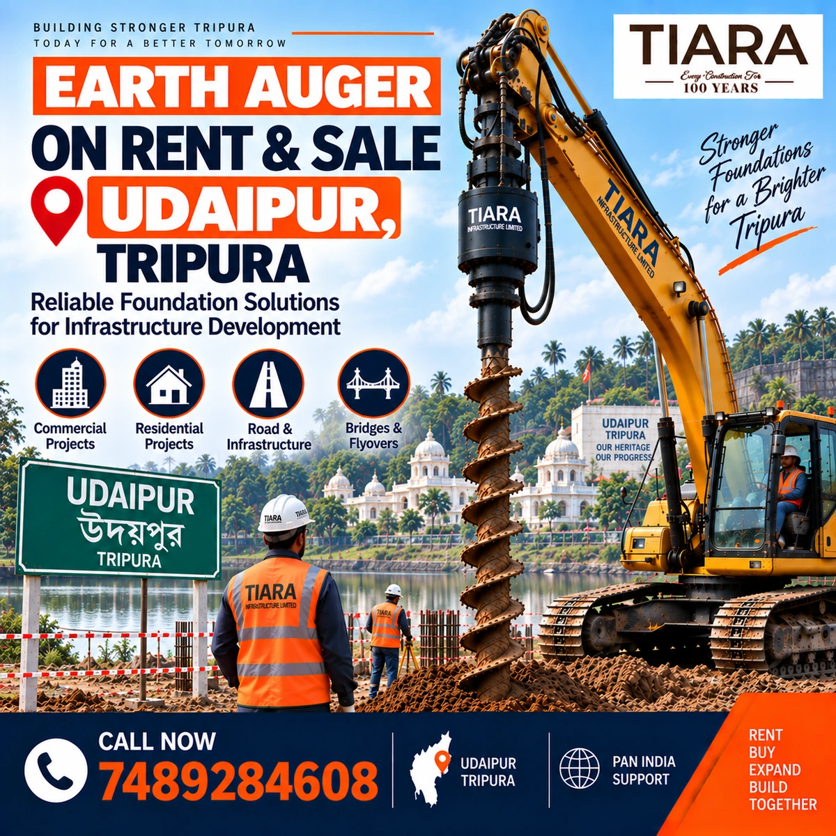 Excavator-mounted earth auger for rent and sale in Udaipur, Tripura by Tiara Infrastructure Ltd